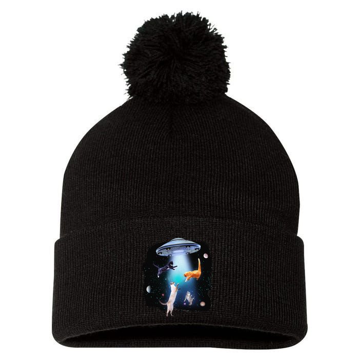 Funny Space Cats Abduction Whimsical Ufo Design Pom Pom 12in Knit Beanie