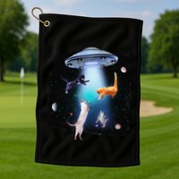 Funny Space Cats Abduction Whimsical Ufo Design Golf Towel