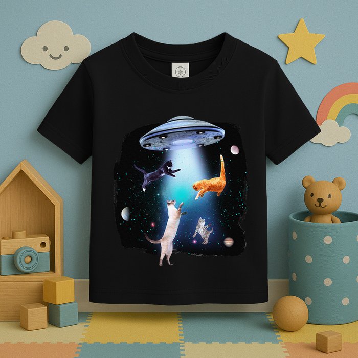 Funny Space Cats Abduction Whimsical Ufo Design Toddler T-Shirt