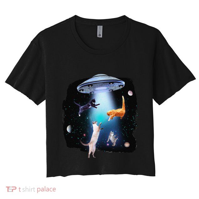 Funny Space Cats Abduction Whimsical Ufo Design Crop Top
