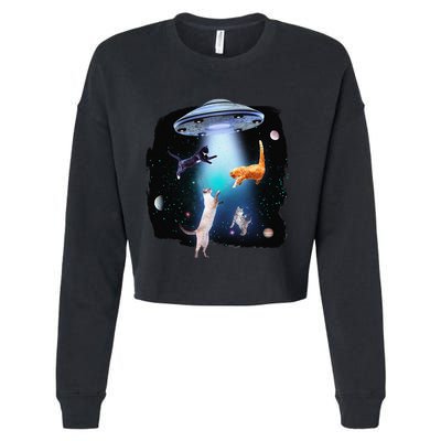 Funny Space Cats Abduction Whimsical Ufo Design Cropped Pullover Crew