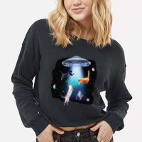 Funny Space Cats Abduction Whimsical Ufo Design Cropped Pullover Crew