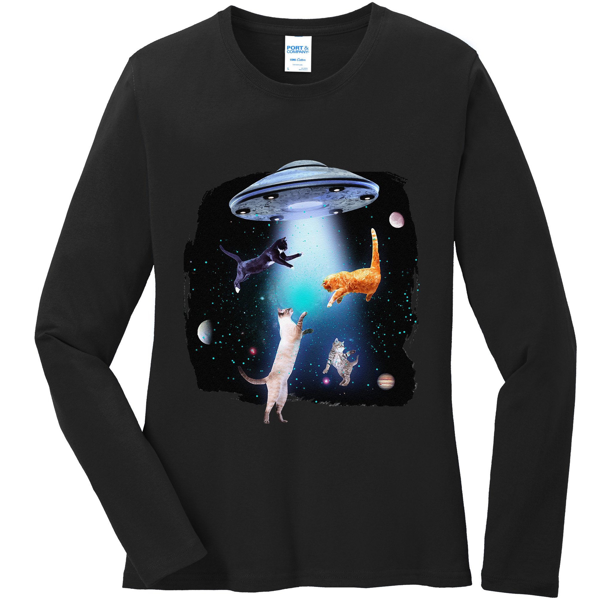 Funny Space Cats Abduction Whimsical Ufo Design Ladies Long Sleeve Shirt