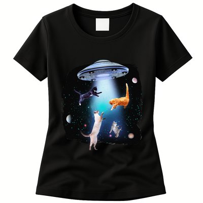 Funny Space Cats Abduction Whimsical Ufo Design Womens T-Shirt