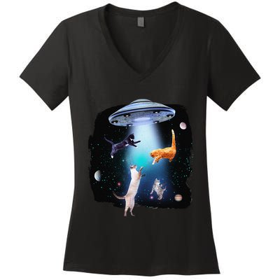 Funny Space Cats Abduction Whimsical Ufo Design Women's V-Neck T-Shirt