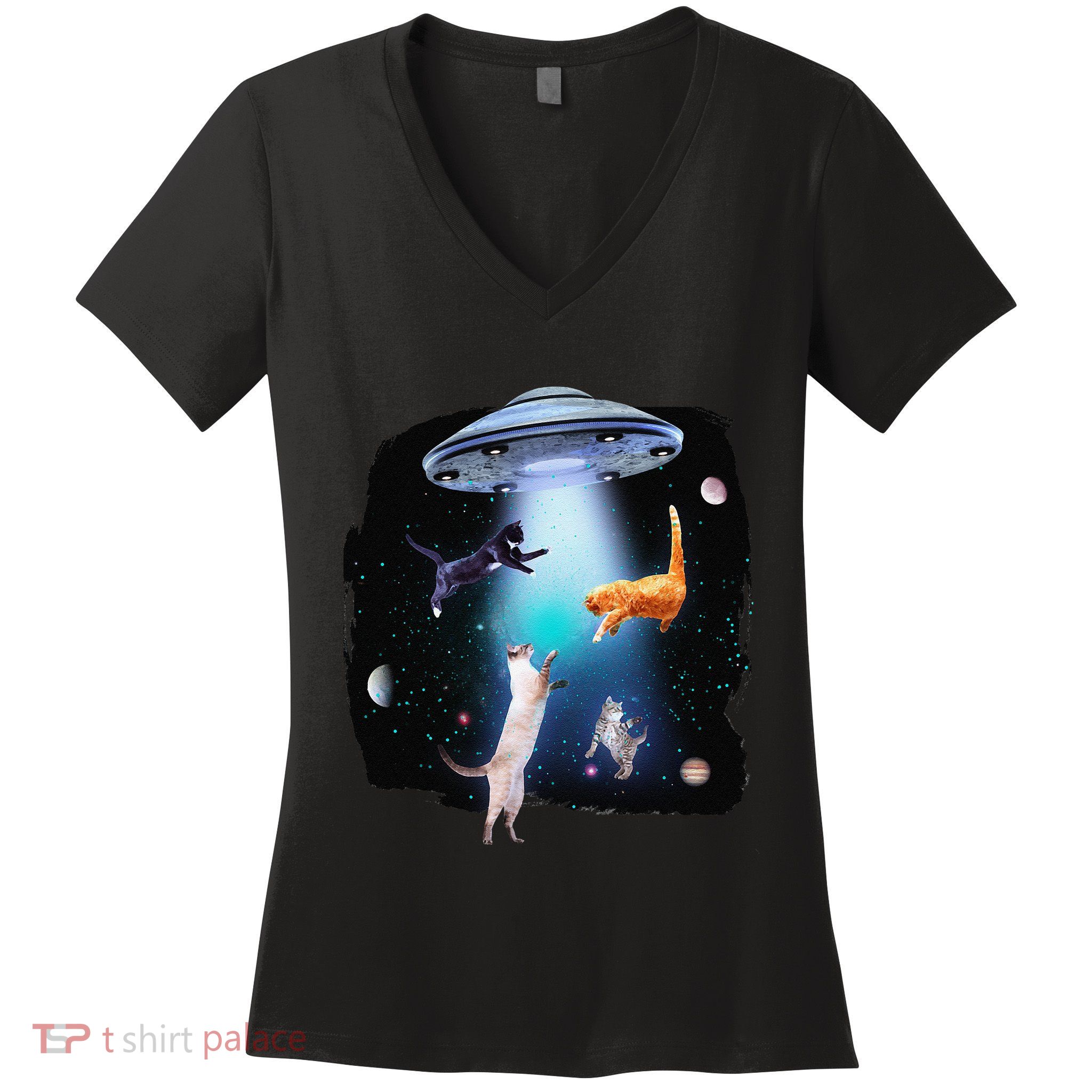 Funny Space Cats Abduction Whimsical Ufo Design Women's V-Neck T-Shirt