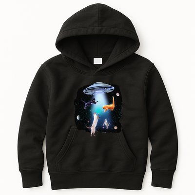Funny Space Cats Abduction Whimsical Ufo Design Kids Hoodie