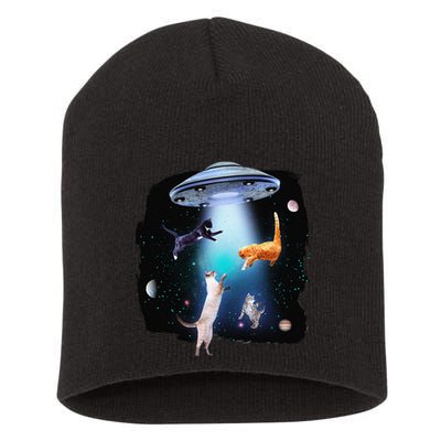 Funny Space Cats Abduction Whimsical Ufo Design Short Acrylic Beanie