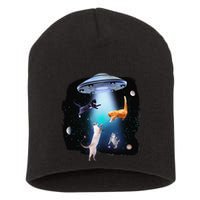 Funny Space Cats Abduction Whimsical Ufo Design Short Acrylic Beanie