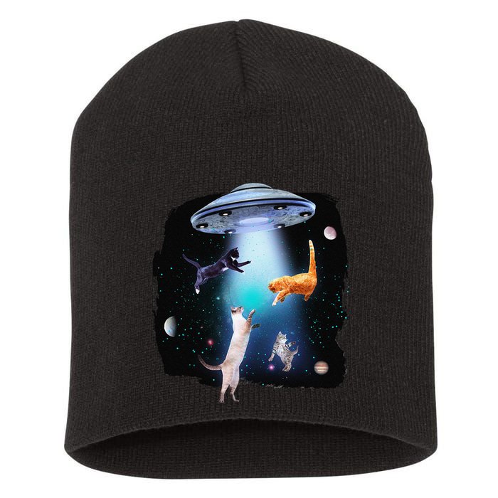 Funny Space Cats Abduction Whimsical Ufo Design Short Acrylic Beanie