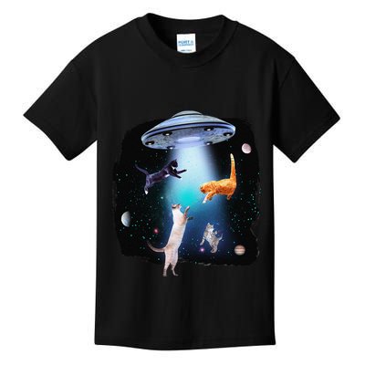 Funny Space Cats Abduction Whimsical Ufo Design Kids T-Shirt