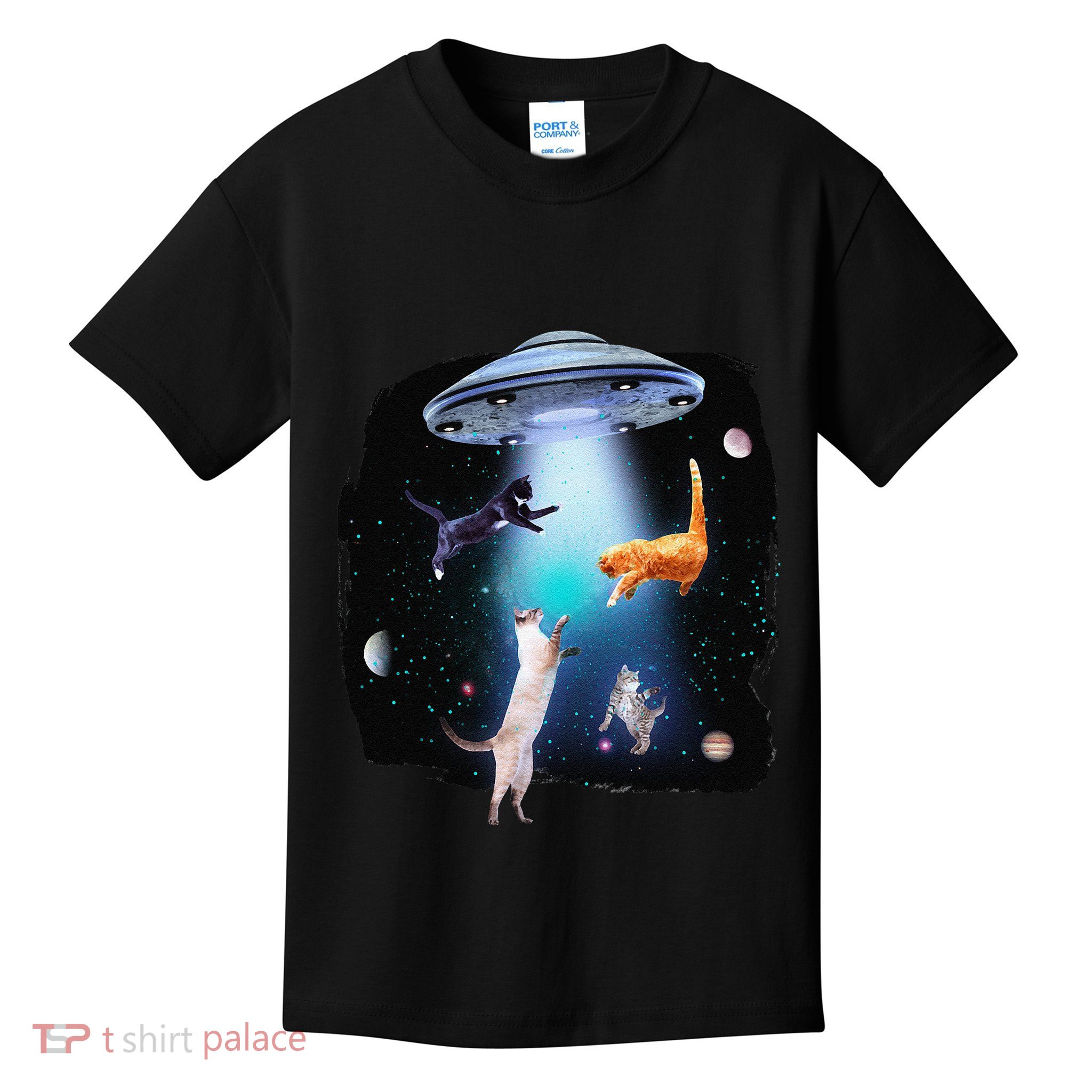 Funny Space Cats Abduction Whimsical Ufo Design Kids T-Shirt