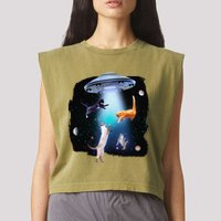 Funny Space Cats Abduction Whimsical Ufo Design Garment-Dyed Women's Muscle Tee