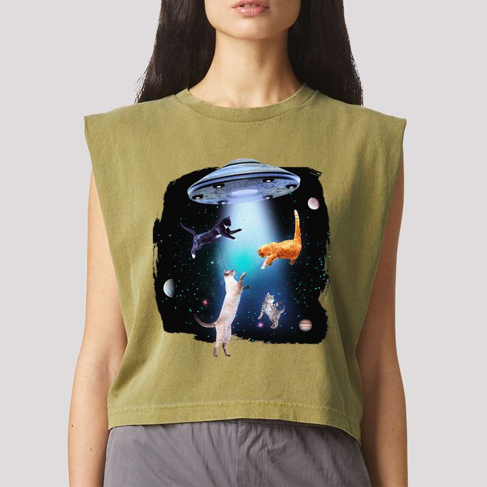 Funny Space Cats Abduction Whimsical Ufo Design Garment-Dyed Women's Muscle Tee