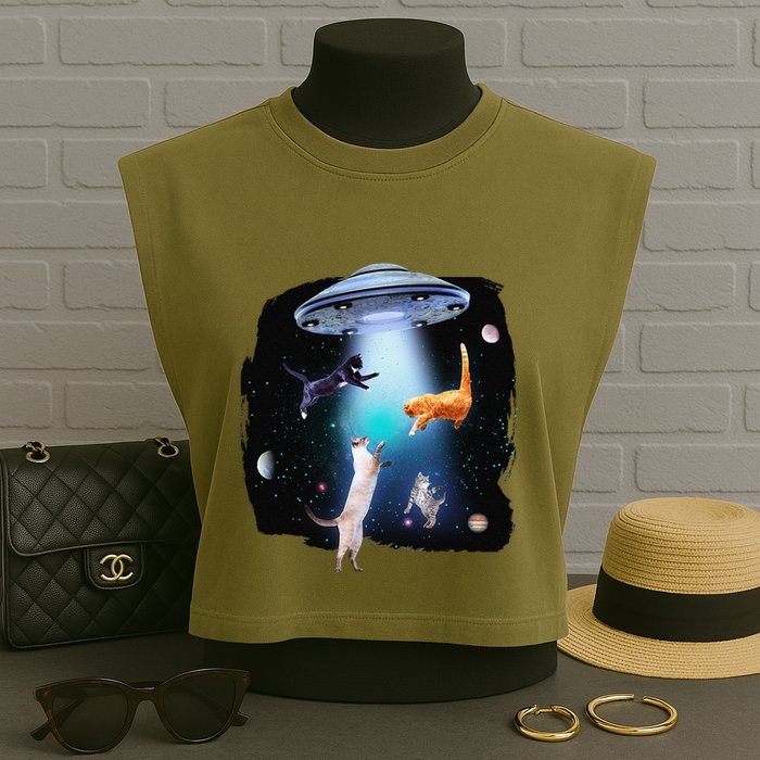 Funny Space Cats Abduction Whimsical Ufo Design Garment-Dyed Women's Muscle Tee