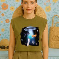 Funny Space Cats Abduction Whimsical Ufo Design Garment-Dyed Women's Muscle Tee