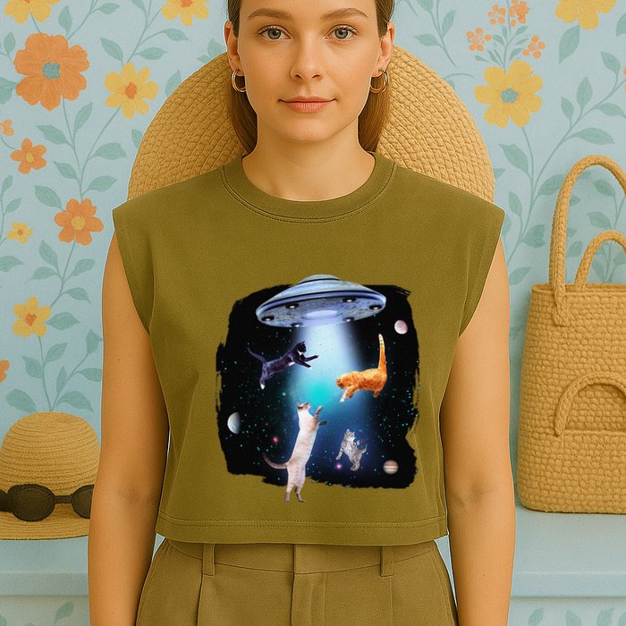 Funny Space Cats Abduction Whimsical Ufo Design Garment-Dyed Women's Muscle Tee