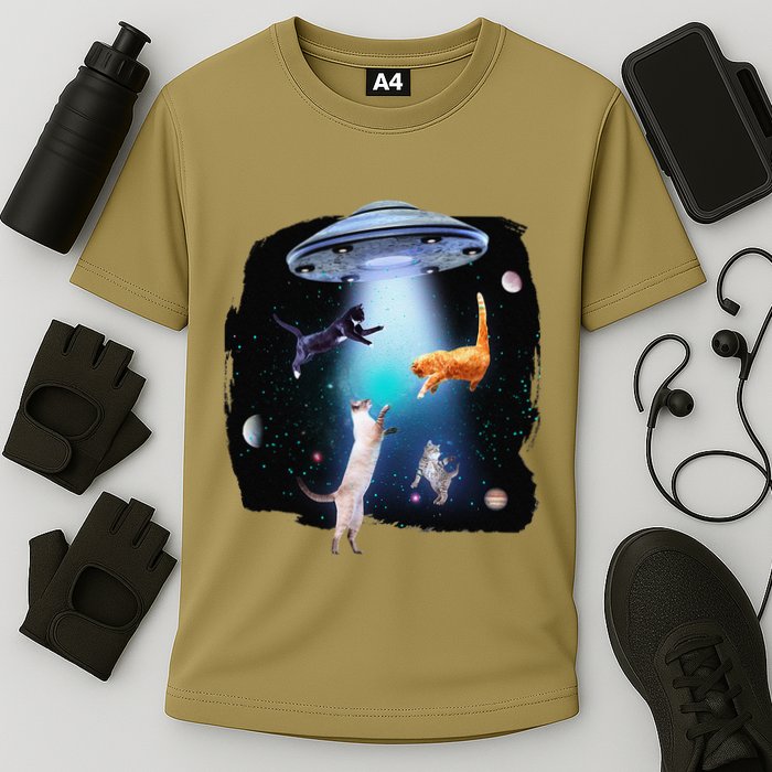Funny Space Cats Abduction Whimsical Ufo Design Performance Shirt