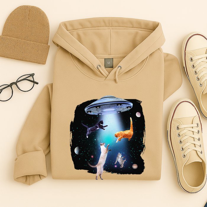 Funny Space Cats Abduction Whimsical Ufo Design Hoodie