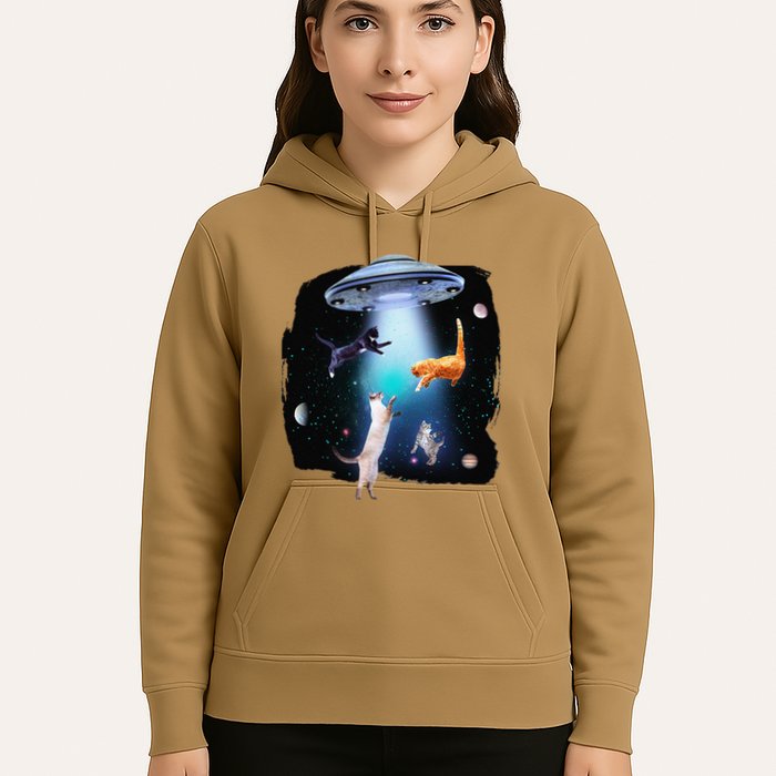 Funny Space Cats Abduction Whimsical Ufo Design Hoodie