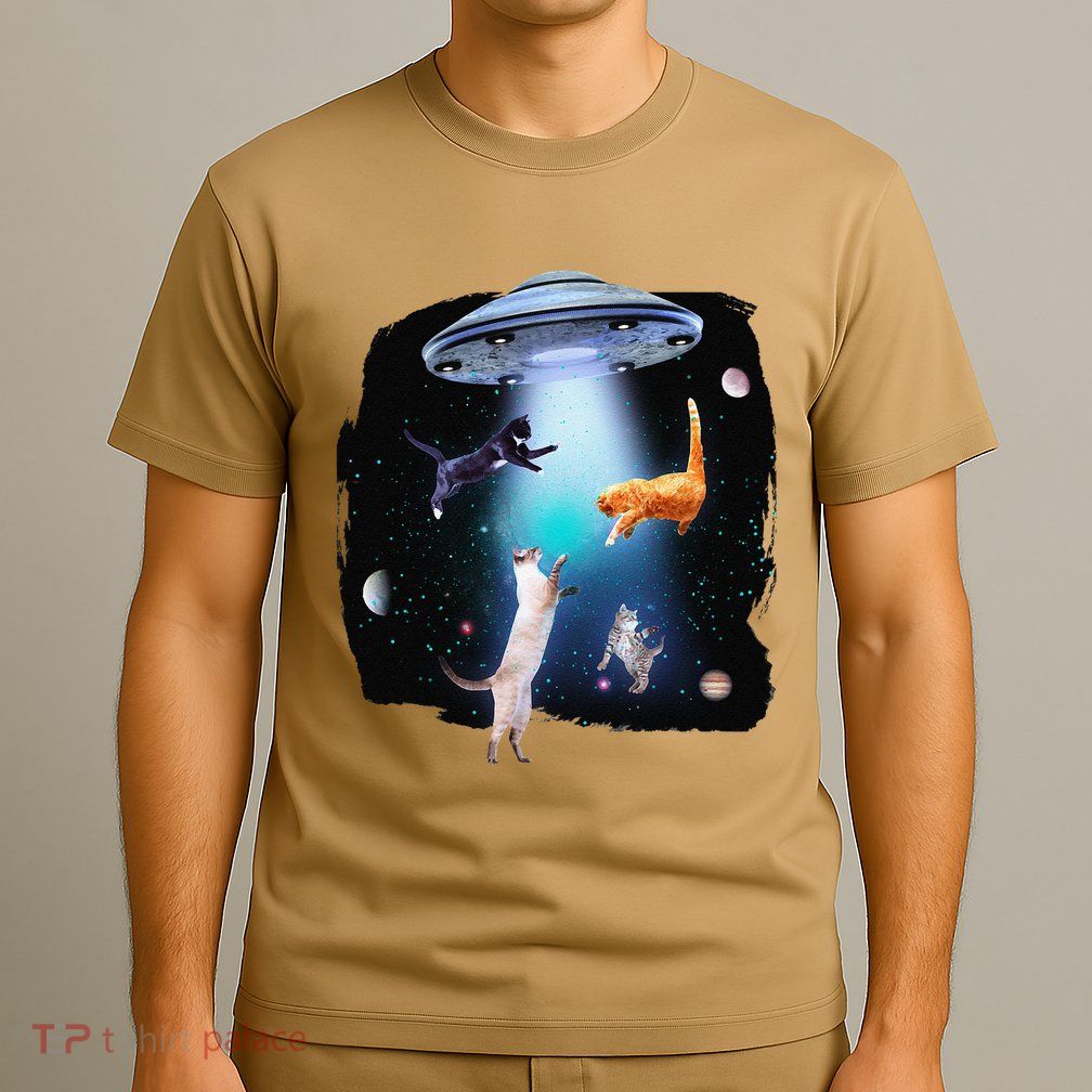 Funny Space Cats Abduction Whimsical Ufo Design T-Shirt