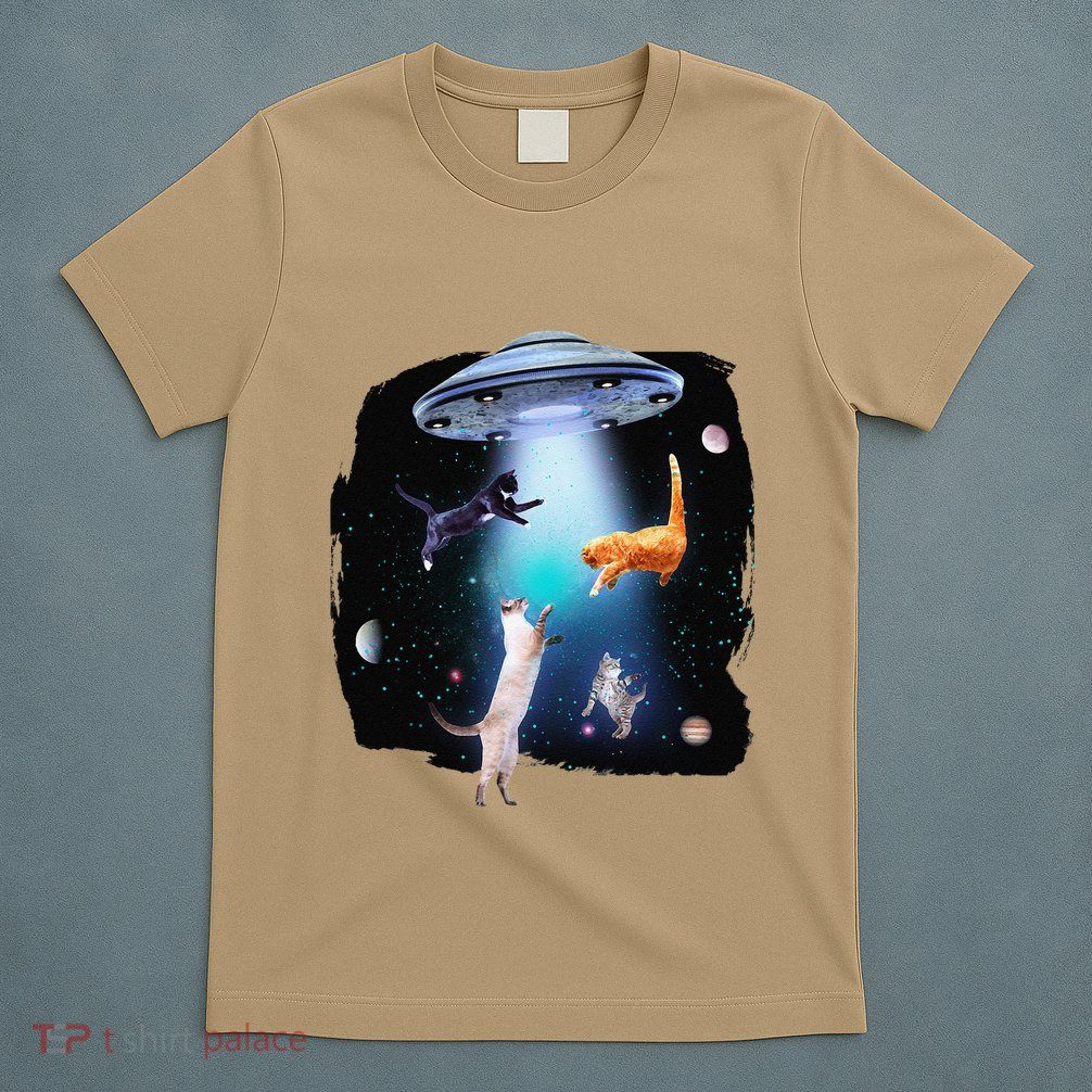 Funny Space Cats Abduction Whimsical Ufo Design T-Shirt