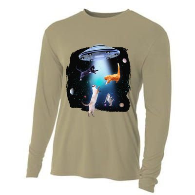 Funny Space Cats Abduction Whimsical Ufo Design Cooling Performance Long Sleeve Crew