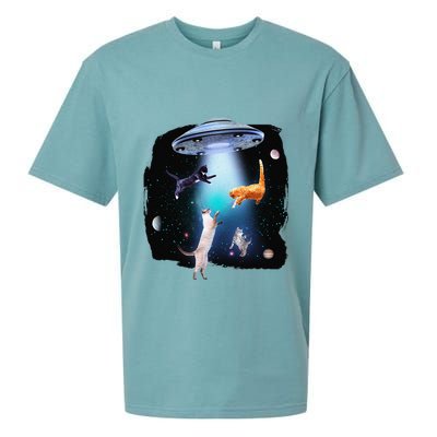 Funny Space Cats Abduction Whimsical Ufo Design Sueded Cloud Jersey T-Shirt