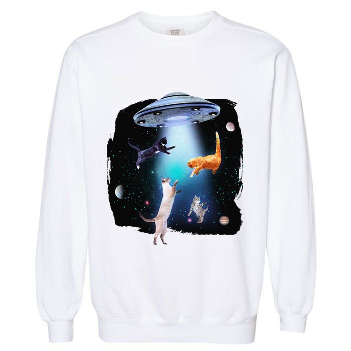 Funny Space Cats Abduction Whimsical Ufo Design Garment-Dyed Sweatshirt