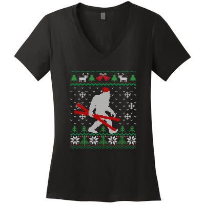 Funny Skiing Cute Bigfoot Ugly Christmas Gift Women's V-Neck T-Shirt