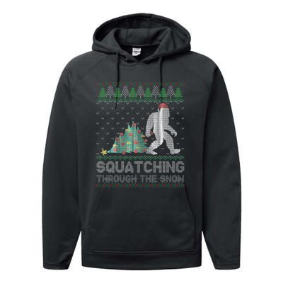 Funny Sasquatch Christmas Squatching Bigfoot Xmas Sweater Performance Fleece Hoodie