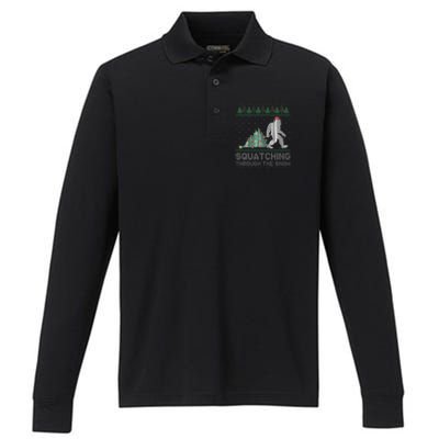 Funny Sasquatch Christmas Squatching Bigfoot Xmas Sweater Performance Long Sleeve Polo