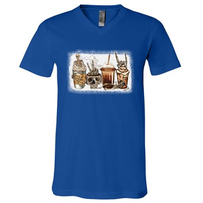 Funny Skeleton Coffee Cups Scary Coffee Cup Halloween Gift V-Neck T-Shirt