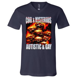 Funny Saying Cool & Mysterious Autistic & Gay Skeleton Meme V-Neck T-Shirt