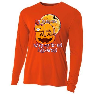 Funny Sleeping Cat On Pumpkin Wake Me Up On Halloween Funny Gift Cooling Performance Long Sleeve Crew