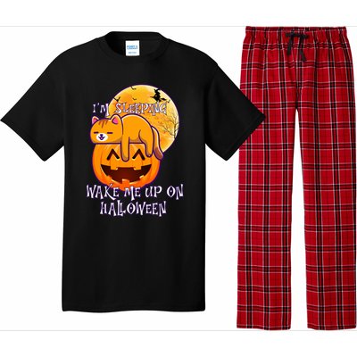 Funny Sleeping Cat On Pumpkin Wake Me Up On Halloween Funny Gift Pajama Set