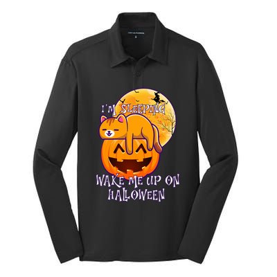 Funny Sleeping Cat On Pumpkin Wake Me Up On Halloween Funny Gift Silk Touch Performance Long Sleeve Polo