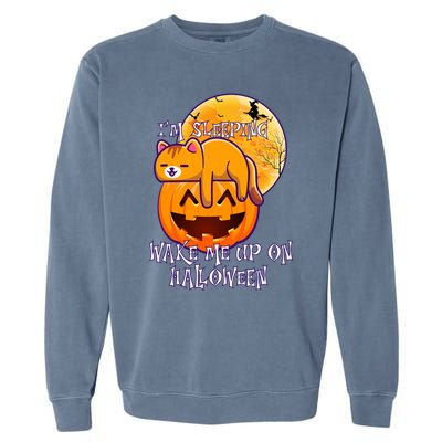 Funny Sleeping Cat On Pumpkin Wake Me Up On Halloween Funny Gift Garment-Dyed Sweatshirt