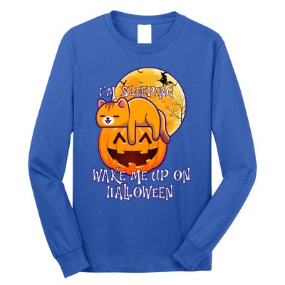 Funny Sleeping Cat On Pumpkin Wake Me Up On Halloween Funny Gift Long Sleeve Shirt