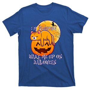 Funny Sleeping Cat On Pumpkin Wake Me Up On Halloween Funny Gift T-Shirt