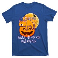 Funny Sleeping Cat On Pumpkin Wake Me Up On Halloween Funny Gift T-Shirt