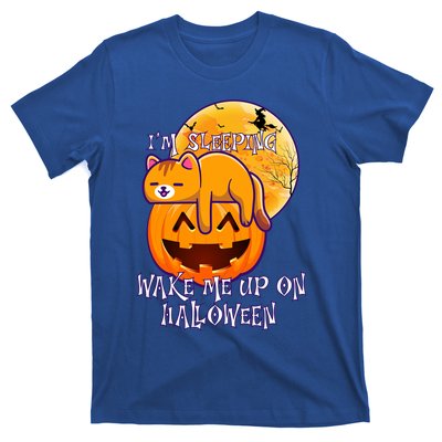 Funny Sleeping Cat On Pumpkin Wake Me Up On Halloween Funny Gift T-Shirt