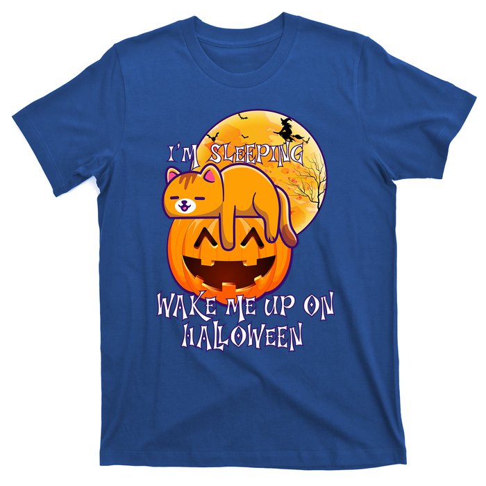 Funny Sleeping Cat On Pumpkin Wake Me Up On Halloween Funny Gift T-Shirt