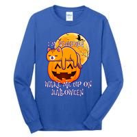 Funny Sleeping Cat On Pumpkin Wake Me Up On Halloween Funny Gift Tall Long Sleeve T-Shirt