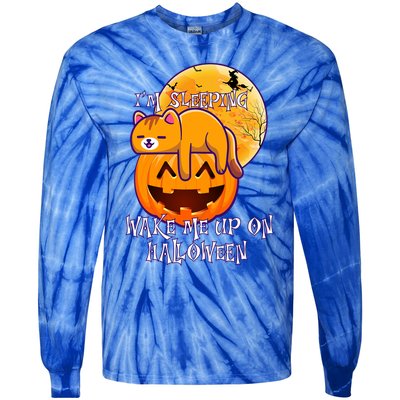 Funny Sleeping Cat On Pumpkin Wake Me Up On Halloween Funny Gift Tie-Dye Long Sleeve Shirt