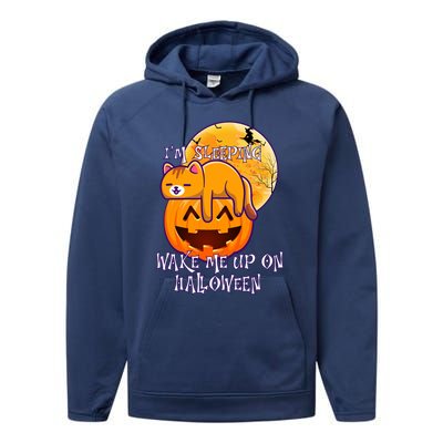 Funny Sleeping Cat On Pumpkin Wake Me Up On Halloween Funny Gift Performance Fleece Hoodie