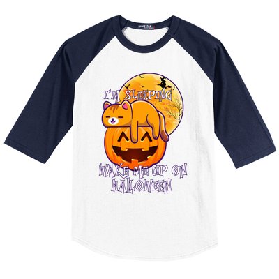 Funny Sleeping Cat On Pumpkin Wake Me Up On Halloween Funny Gift Baseball Sleeve Shirt