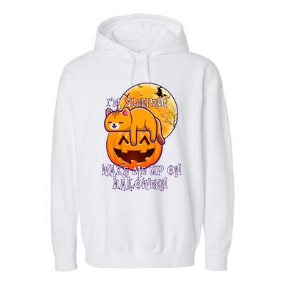 Funny Sleeping Cat On Pumpkin Wake Me Up On Halloween Funny Gift Garment-Dyed Fleece Hoodie