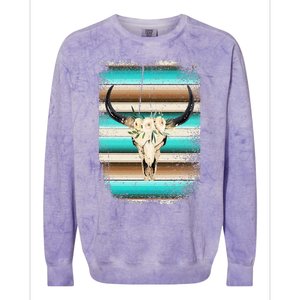 Funny Serape Cow Boho print Flower Rustic Turquoise Brown Colorblast Crewneck Sweatshirt