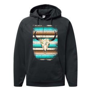 Funny Serape Cow Boho print Flower Rustic Turquoise Brown Performance Fleece Hoodie